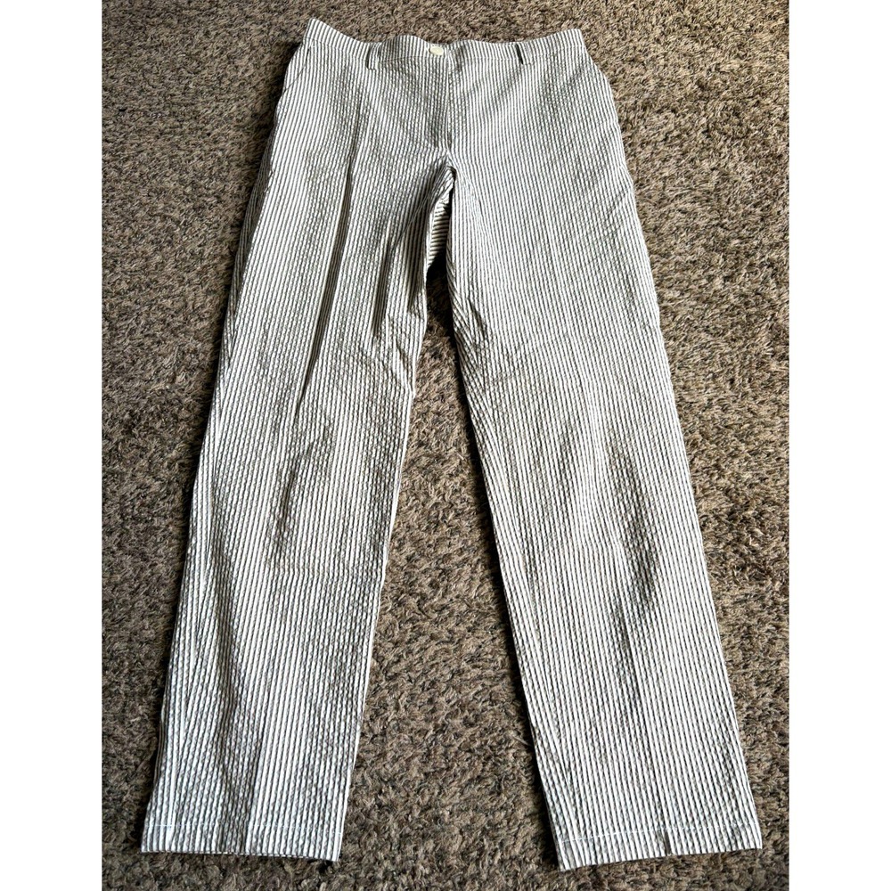 Akris Punto Women's White/Brown Striped Seersucker Dress Pants Straight Pockets